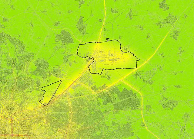 Photo d'une carte des concentrations moyennes annuelles de dioxyde d'azote en 2020 autour des aéroports Paris-Charles de Gaulle et Paris-Le Bourget