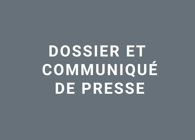 Visuel avec aplat gris et dossier et communiqué de presse écrit en blanc