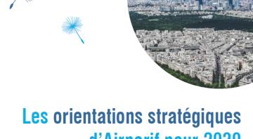 Bulle représentant une vue de l'Ile de France sur fond blanc avec écrit les orientations stratégiques d'Airparif pour 2030